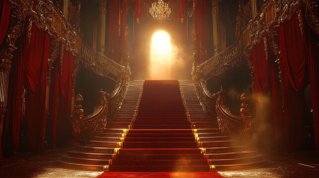 Opulent double staircase in a gilded hall with red carpet, ornate balustrades and chandelier, bathed in golden light and drifting mist, evoking grandeur and mystery