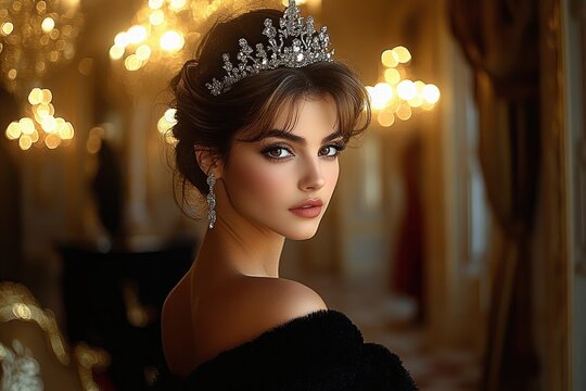 elegant woman in jeweled tiara and dangling earrings wearing an off-shoulder black fur wrap in a chandelier-lit ballroom, poised and regal with warm golden bokeh lights