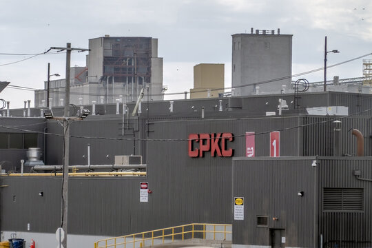 Calgary, Alberta, Canada. April 13, 2026. Exterior view of the CPKC industrial facility and railway buildings under an overcast sky.