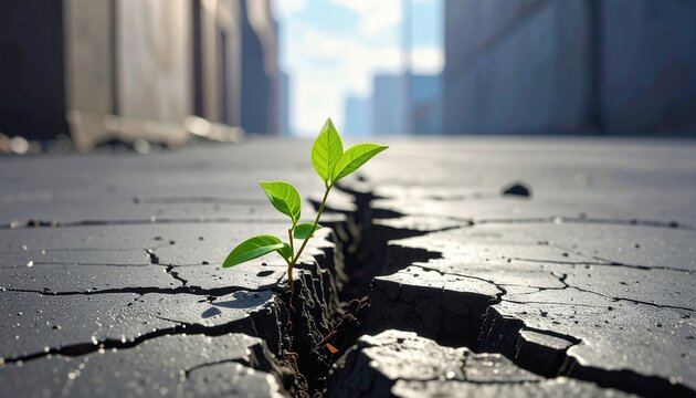 Un piccolo germoglio verde emerge con forza da una profonda crepa nell'asfalto, simboleggiando speranza e resilienza nella vita urbana.