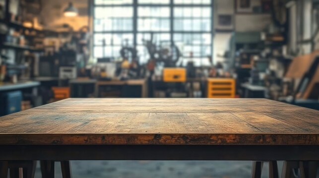 Empty worn wooden worktable in a sunlit industrial workshop with blurred shelves, tools, machinery and yellow toolbox, creating a warm, inviting and productive atmosphere