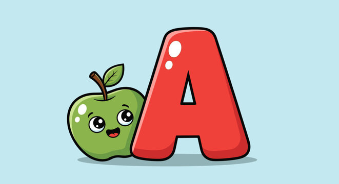 A cute cartoon green apple with a happy face next to a large glossy red letter A on a light blue background.