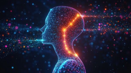 Naklejka premium wireframe human profile with glowing orange neural pathway along head and neck, surrounded by neon blue and pink particles, conveying contemplative futuristic wonder