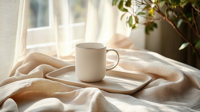 white ceramic mug on a rectangular tray resting on soft beige linen by a sunlit window with sheer curtains and a leafy plant, cozy serene morning