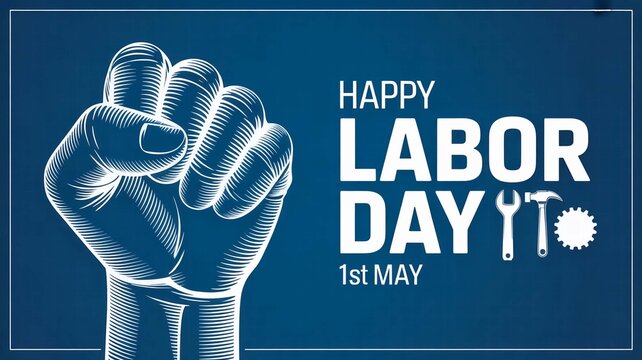 Happy Labor Day illustration featuring a raised fist with tools and text on a blue background
