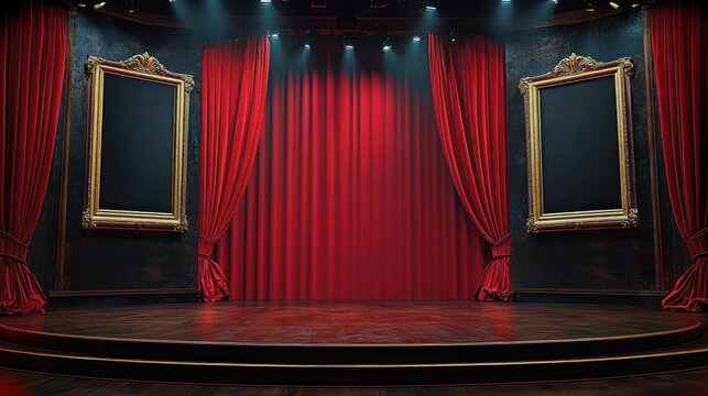 empty theatrical stage with closed red velvet curtains, ornate gold frames on dark walls, spotlights over a polished round wooden platform conveying dramatic anticipation