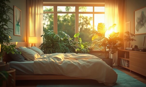 sunlit cozy bedroom with lush houseplants, rumpled white bedding and warm golden morning light through a large window, serene and peaceful atmosphere
