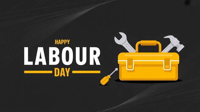 Happy Labour Day Banner Design with a Bright Yellow Toolbox Featuring Essential Work Tools, Symbolizing Dedication and Hard Work in the Workplace