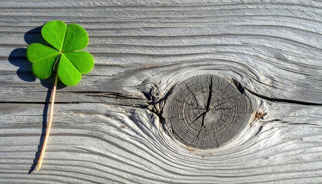 Un singolo trifoglio verde brillante, simbolo di fortuna e natura, adagiato su una superficie di legno rustico con dettagli di venature e un nodo.
