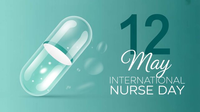 International Nurse Day banner for 12 May, medical capsule pill on teal background, healthcare appreciation concept for nursing professionals