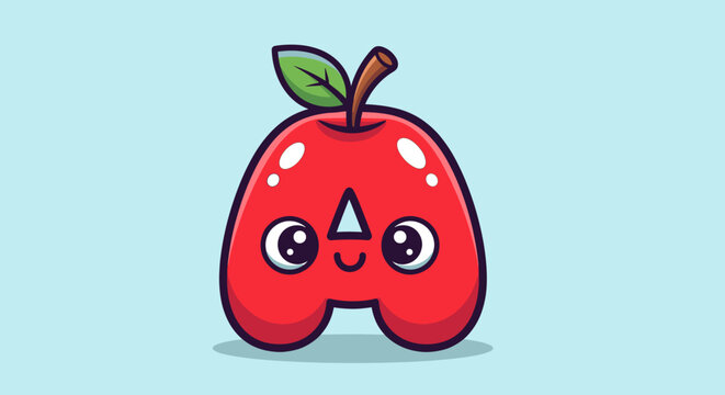 A cute, cartoonish red apple character with big eyes and a smile, shaped like the letter 'A', set against a light blue background.