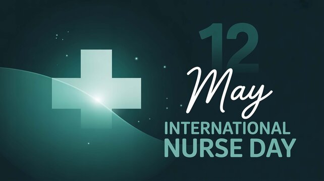 International Nurse Day greeting on May 12, medical cross symbol on dark teal background, healthcare appreciation banner with glowing light effects