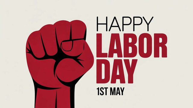 Happy Labor Day 1st May greeting card, red clenched fist power symbol, international workers day celebration banner, labor movement protest poster