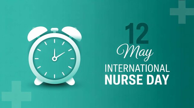 International Nurse Day banner for 12 May, teal medical background with alarm clock and cross icons, healthcare appreciation concept