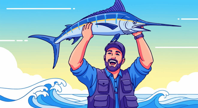 A cartoon character angler holds up a large fish caught while lake fishing for recreation.