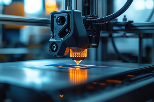 Close-up of a 3D printer extruder with glowing heated nozzle depositing material onto a reflective build plate in cool blue industrial lighting, conveying precision and innovation