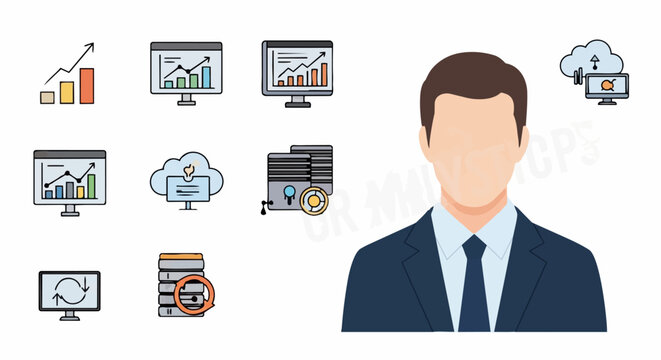 A cartoon character vector illustration of a businessman with various computer screens and data analysis graphics floating around him in an office setting for business and industry.