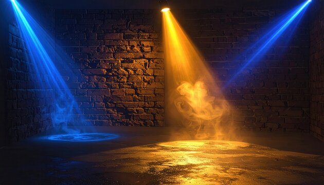 Fari blu e arancioni illuminano un muro di mattoni e pavimento di cemento con fumo, creando un'atmosfera drammatica e vibrante.