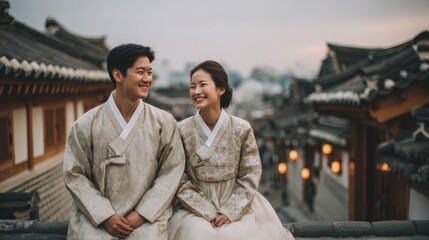 Obraz premium Happy Wedding couple in wedding party,Young joyful bride and groom emotionally dancing,hanbok wedding at seoul korea,honeymoon and romantic time,valentine,sweet moment,copy space.