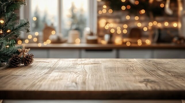 rustic wooden tabletop with lit evergreen sprig and pine cones beside a warm bokeh-lit kitchen window, cozy festive holiday atmosphere
