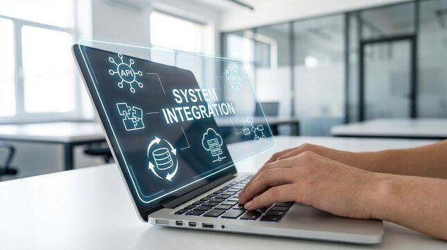 System Integration, API, Technology, Business, Software, Digital, Networking solutions depicted on a laptop screen with holographic icons within a bright, modern office workspace.