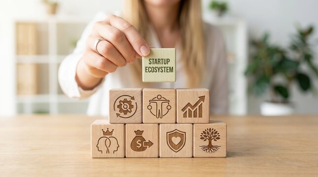 Startup ecosystem, business growth, entrepreneurship, innovation, investment, leadership, strategy concept with professional placing blocks for corporate success and development.