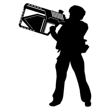 Soldier use Anti Drone Gun Jammer Laser air defense. Anti Kamikaze drone aircraft in white background