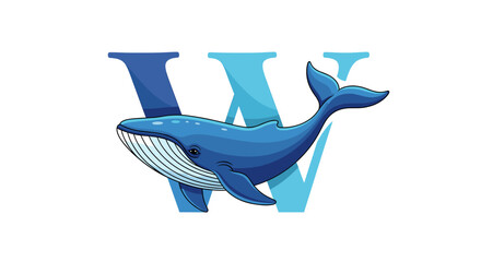 A majestic blue whale gracefully swims in front of a stylized light blue letter W, symbolizing the ocean and marine life. © nebo