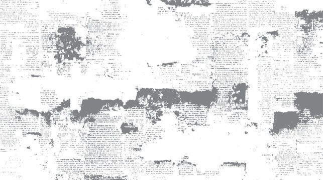 Distressed grey grunge overlay texture of faded newspaper text and ink splatters on white background