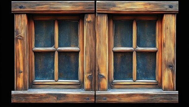 rustic double wooden window with four blue glass panes each and weathered warm wood frame evoking cozy nostalgic charm