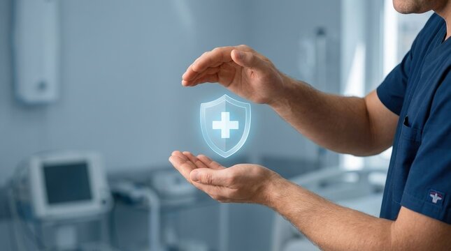 Health insurance, medical protection, healthcare, safety, digital health, medical technology, insurance coverage concept showing doctor hands protecting a glowing shield hologram.