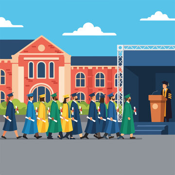 Graduates in robes walking ceremony.