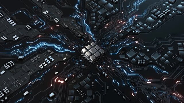 Industrial Metallic Computer Processor Chip on Symmetric Circuit Board silver CPU complex wiring. Perfect for industrial engineering reports, server farm visuals, and advanced computing technology.