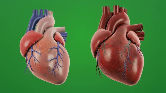 Two Anatomical Hearts On Green Background.