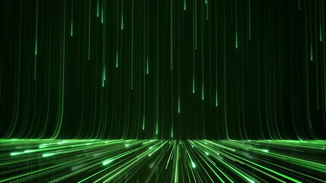 Green matrix data stream background falling glowing lines. for cyber visuals, coding themes, futuristic interfaces, technology presentations, or digital motion graphics showing information flow.