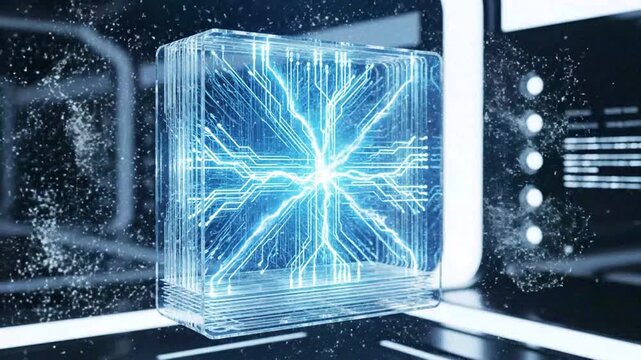 Futuristic digital cube transforming with electric sparks in a high-tech environment