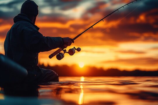 Silhouetted angler in small boat casting a fishing rod over calm water at a golden sunset, peaceful and contemplative mood
