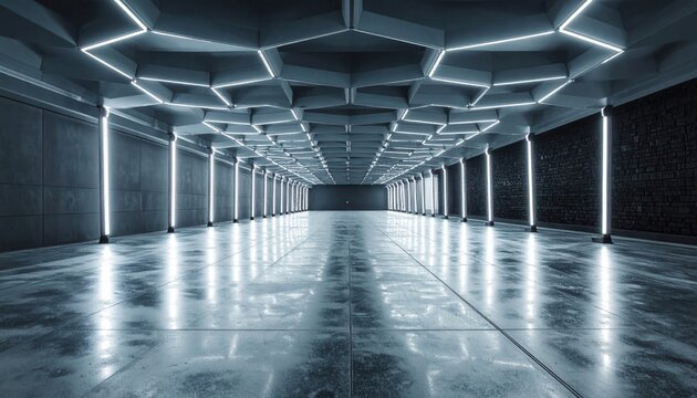 六角形のネオン照明が天井に広がる未来的でスタイリッシュな空のガレージ空間、光り輝く垂直のLEDライトと反射する床面が特徴的なサイバーパンク風のインダストリアルなスタジオの背景素材。