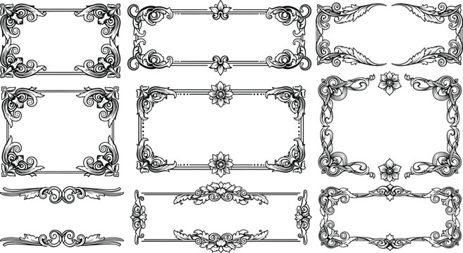Vintage ornamental frames and borders set in engraved style, decorative floral rectangles and elegant line art elements vector collection for invitations and design