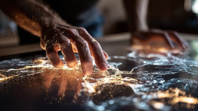 Augmented reality interface with human hand touching mixed reality holographic screen, finger performing click zoom and mouse gestures on transparent digital display