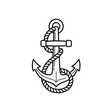 Nautical Anchor with Coiled Rope Vector Line Art Illustration