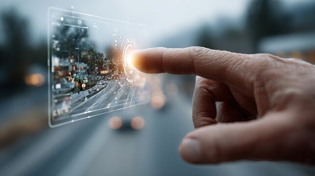 Augmented reality interface with human hand touching mixed reality holographic screen, finger performing click zoom and mouse gestures on transparent digital display