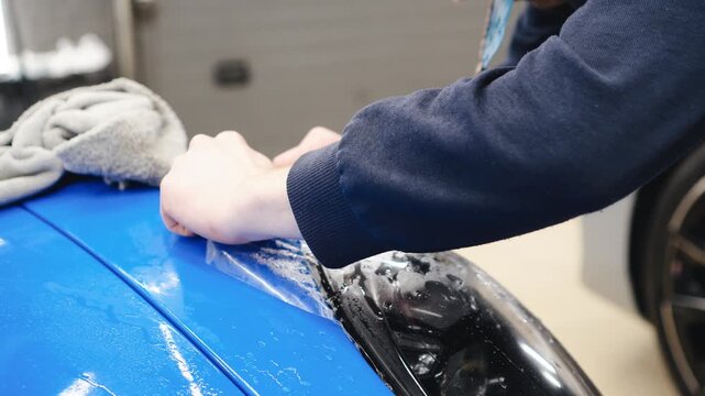 Detailer worker smoothes PPF, Paint Protection Film on blue sport car Headlight. The process of installing PPF film on the headlight of the blue car. A car wrapping specialist applies a PPF. 