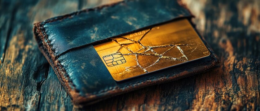Close-up of a cracked gold credit card tucked into a worn leather wallet on a rough wooden table, evoking financial stress and vulnerability