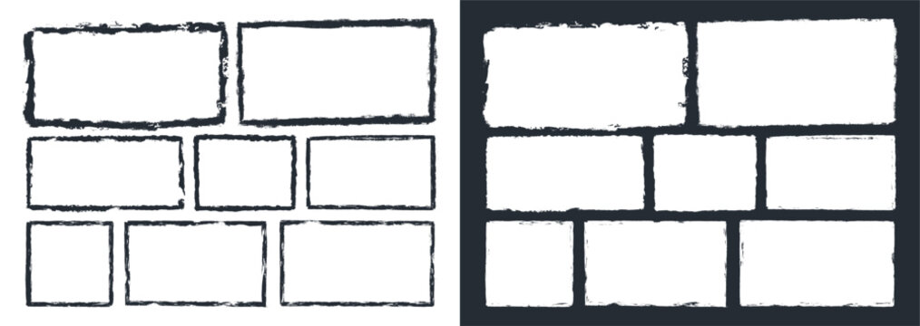 Black and white grunge rectangle frames set with distressed edges. Hand drawn textured borders for comic panels, photo layouts, grid templates, and industrial design