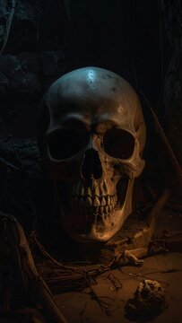 A skull in a dark setting with a mysterious atmosphere