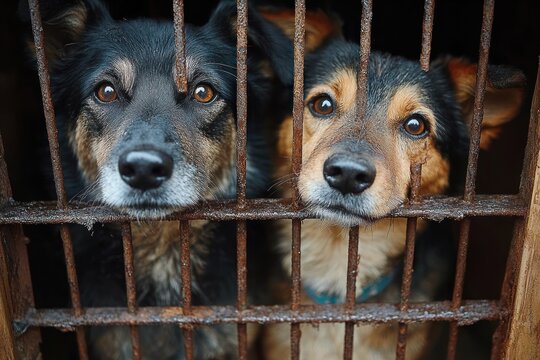 two sad mixed-breed dogs pressed against rusty metal cage bars, noses and muzzles poking through, gazing with pleading, hopeful eyes
