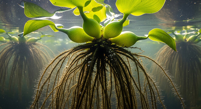 Aquatic plant with vibrant green leaves and intricate root system emerging from water