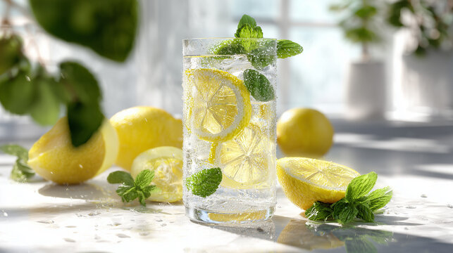 Refreshing lemon soda with mint in bright early summer light