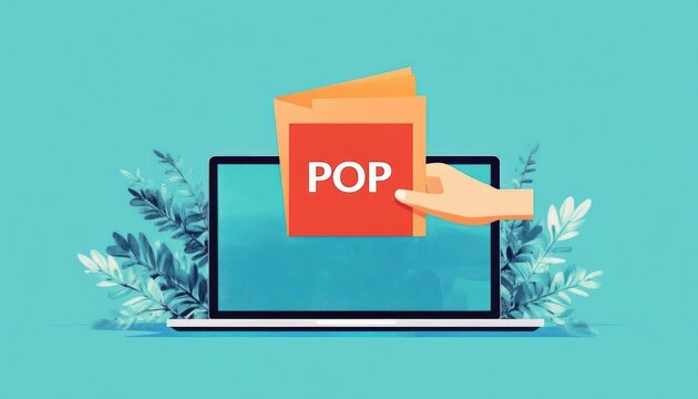 Playful illustration of a hand holding colorful folders labeled POP emerging from a laptop screen with decorative leafy plants on a bright teal background